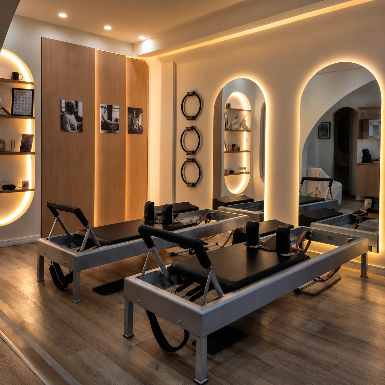 Sala de Pilates com reformers e iluminação aconchegante